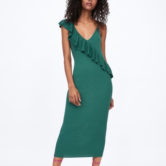 green ruffle dress zara
